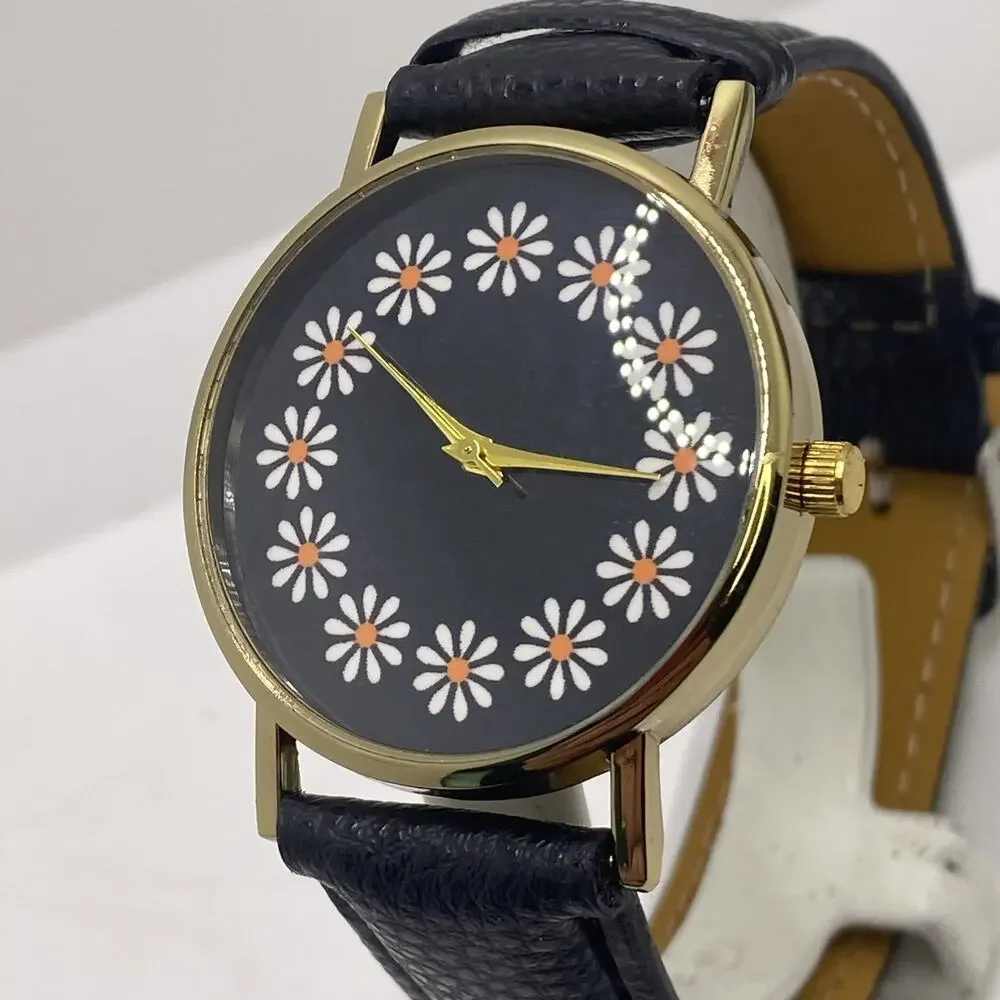 Womens Floral Gold Tone Flowers Watch Black Band New Battery